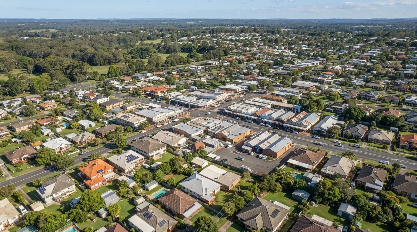 Aerial view over Alstonville, showing the town and its streets.