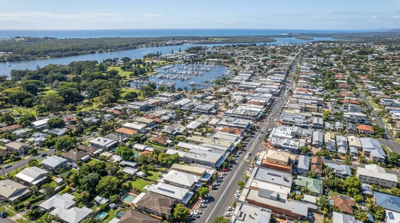 Aerial view over Ballina, showing the town and its streets.