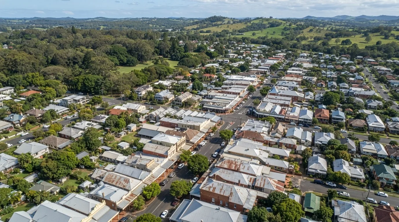 Aerial view over Bangalow, showing the town and its streets.