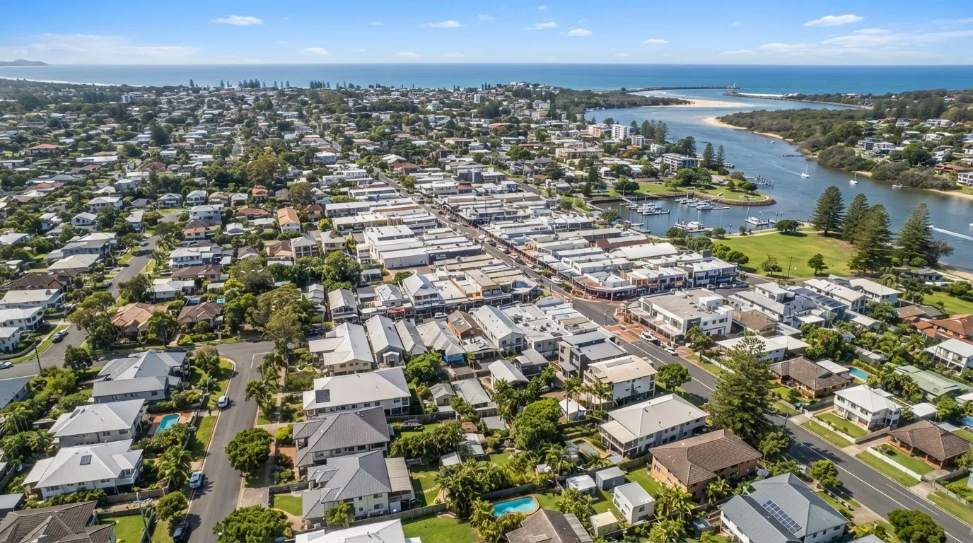 Aerial view over Brunswick Heads, showing the town and its streets.