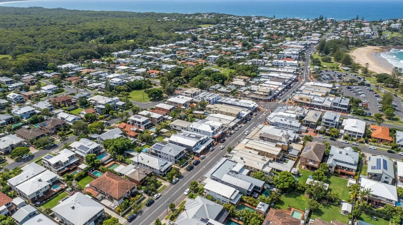 Aerial view over Byron Bay, showing the town and its streets.