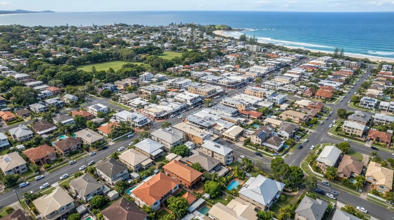 Aerial view over Lennox Head, showing the town and its streets.