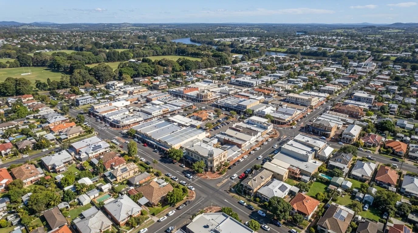 Aerial view over Lismore, showing the town and its streets.