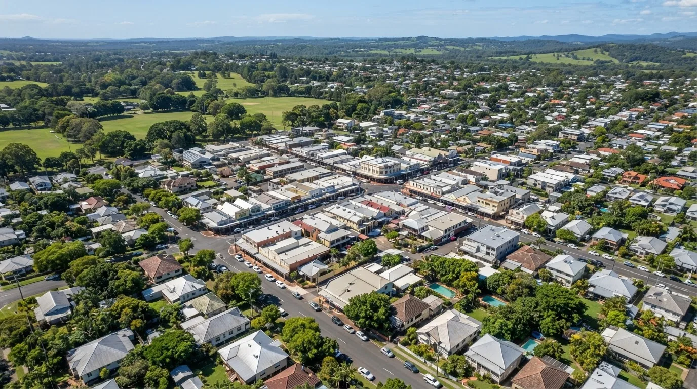 Aerial view over Mullumbimby, showing the town and its streets.