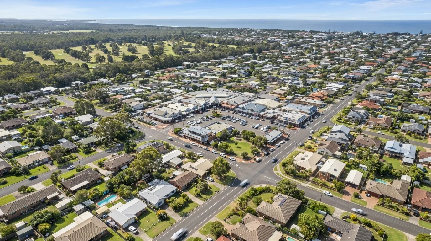 Aerial view over Ocean Shores, showing the town and its streets.