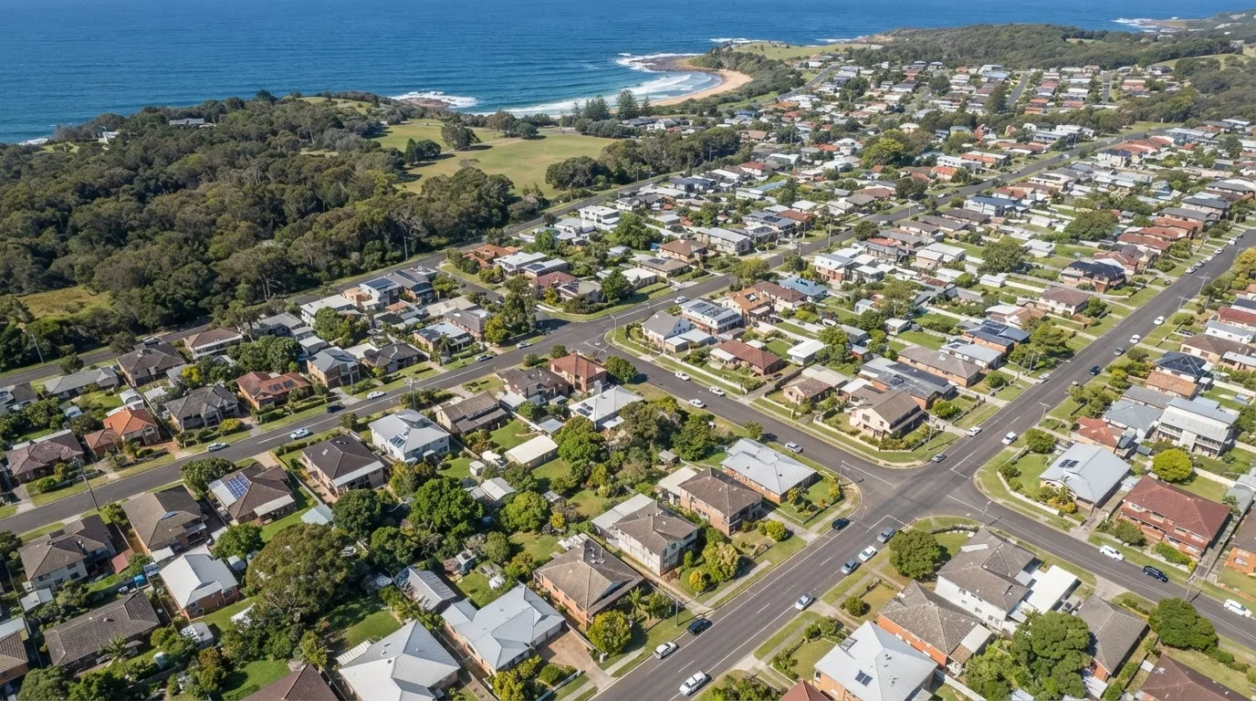 Aerial view over Skennars Head, showing the town and its streets.