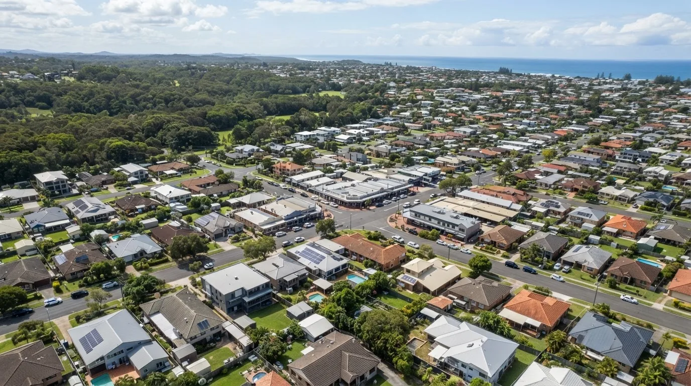 Aerial view over Suffolk Park, showing the town and its streets.