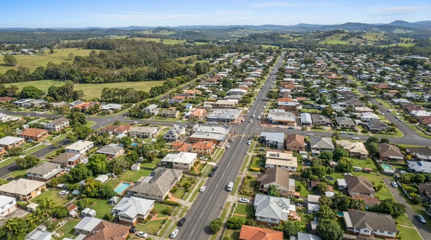 Aerial view over Wollongbar, showing the town and its streets.