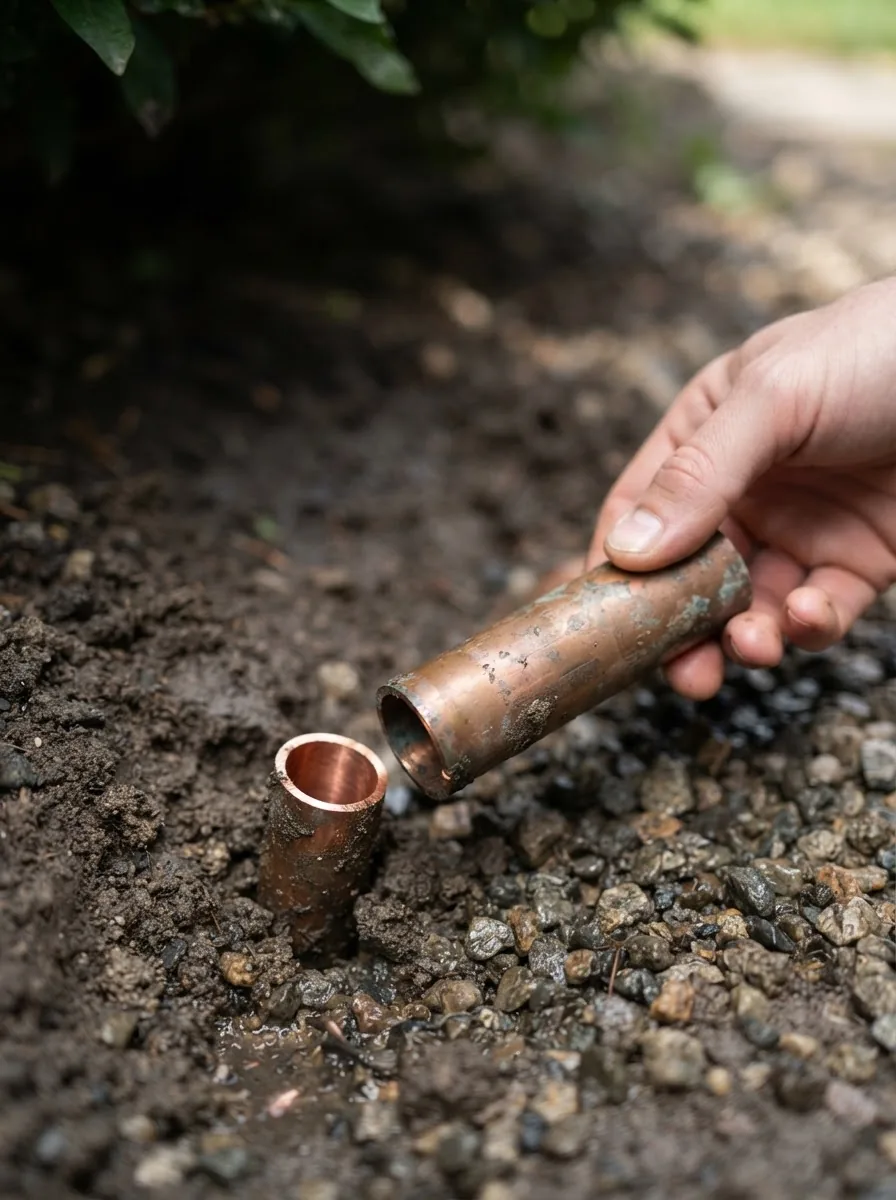 A hand holding a cut length of copper pipe beside the open end of a copper pipe standing in the soil.