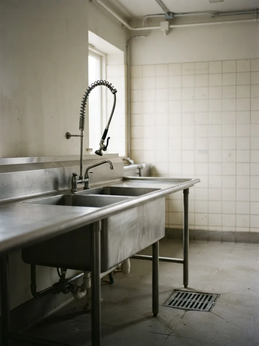A stainless steel commercial kitchen sink and pre-rinse spray with a floor drain beside the bench.