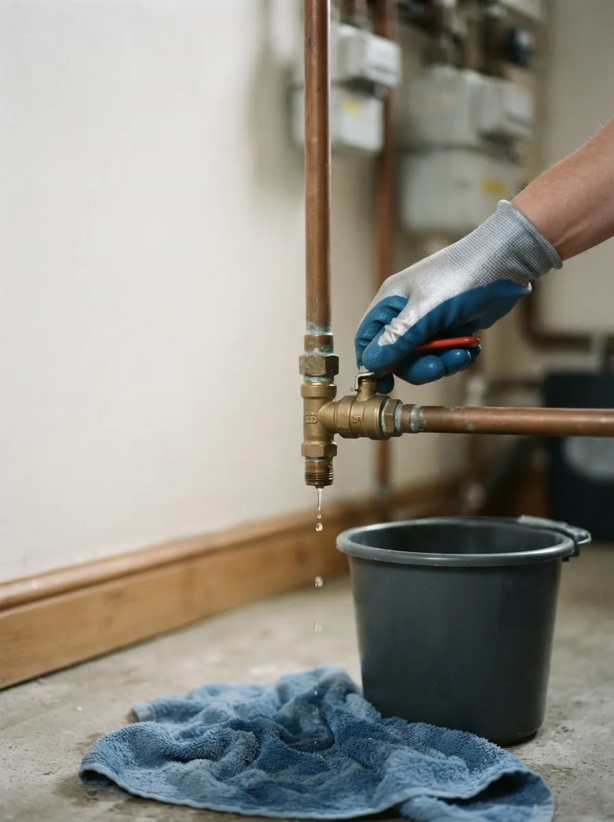 A gloved hand turning off an isolating valve with a bucket and towel below a dripping pipe.