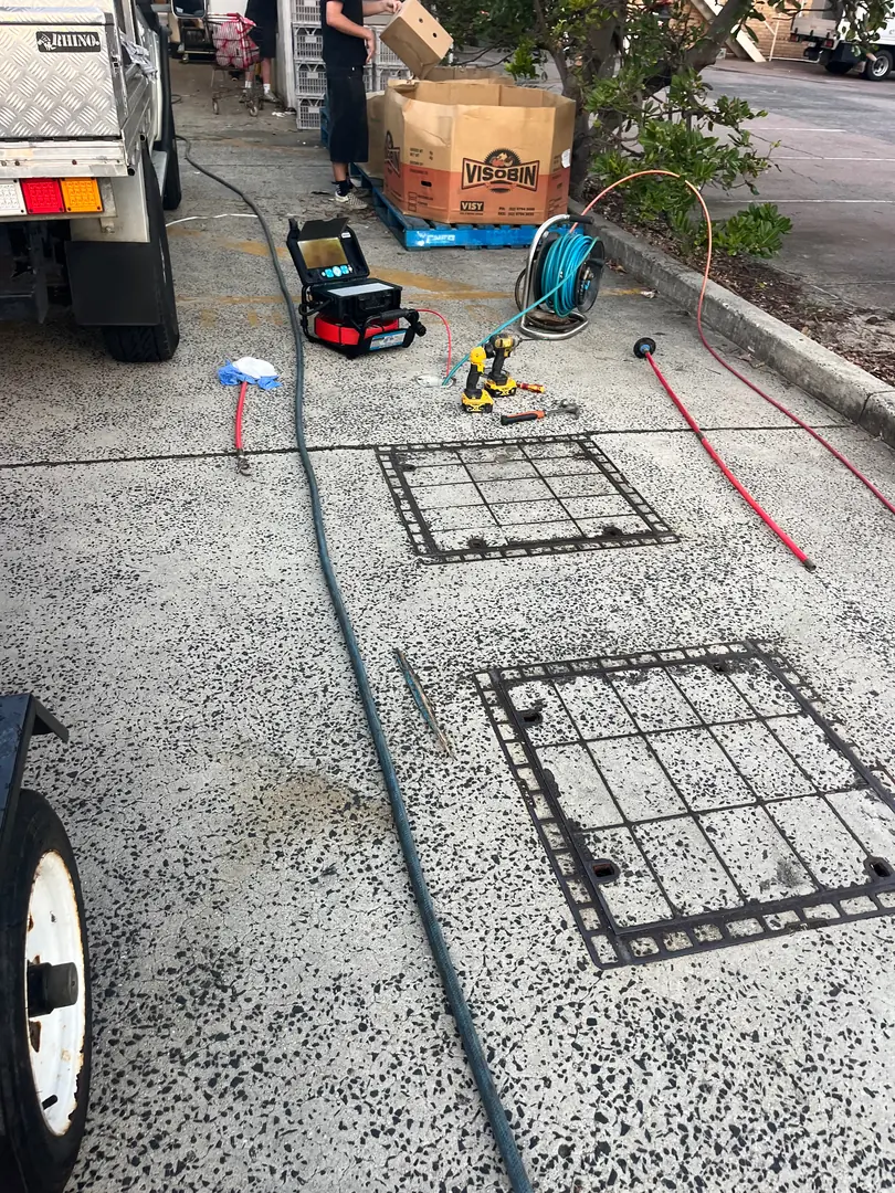 A driveway with two drain pits and a jetting hose and equipment laid out beside them.