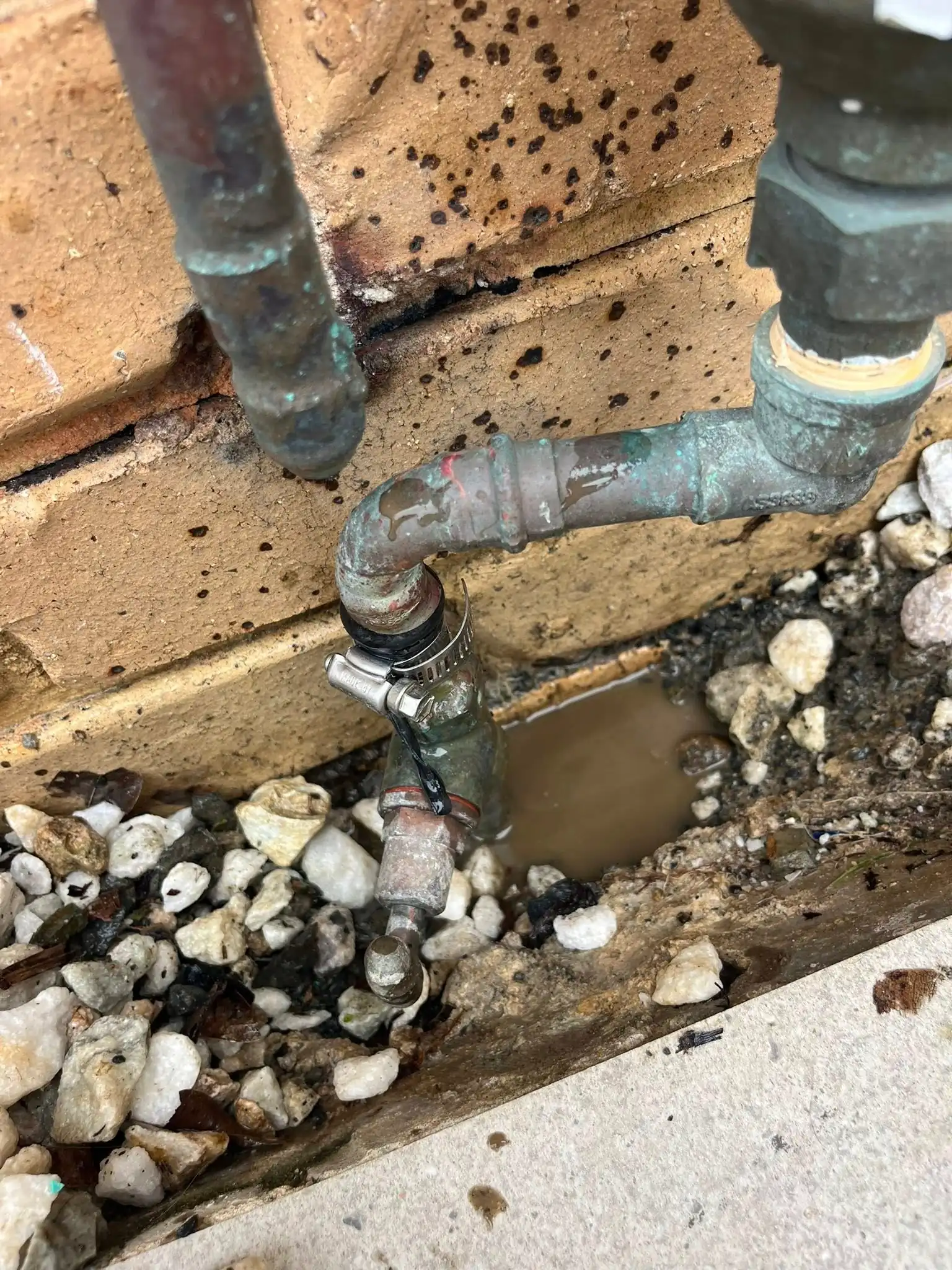 A leaking copper elbow joined to a hose fitting with a clamp, with muddy water pooled in the gravel below.